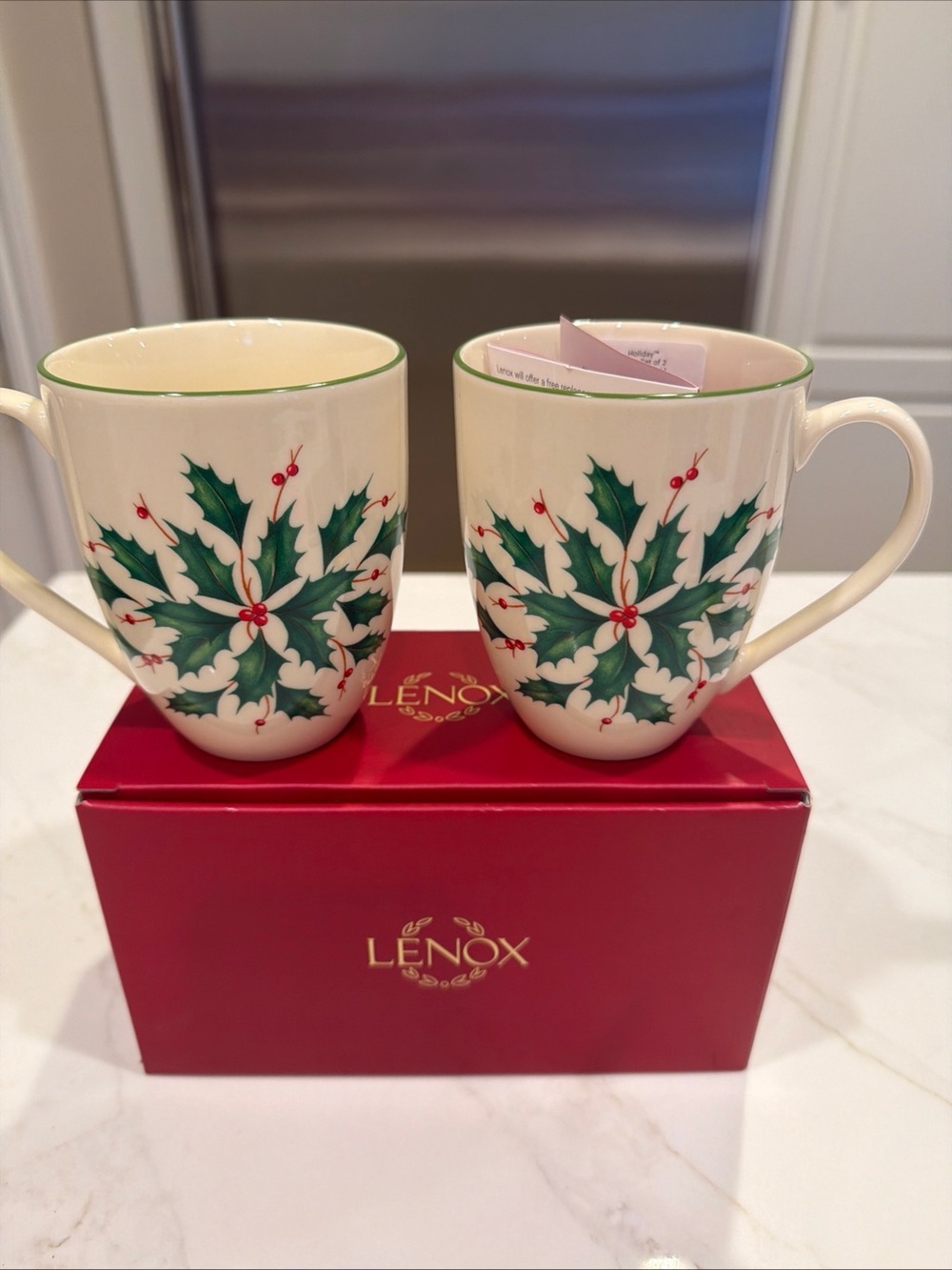 Lenox Holiday Holly Christmas Bone China Mugs - Set of 2 New in Box